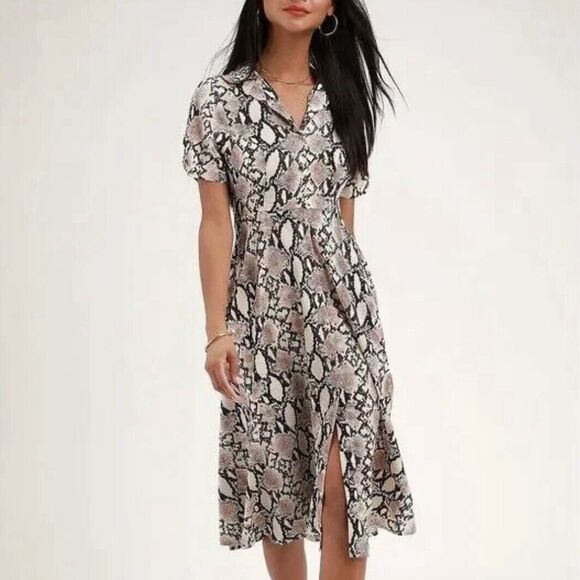 Lulu’s Chic Beige Snakeskin Print Midi Button Up Shirt Dress Small - Picture 1 of 11